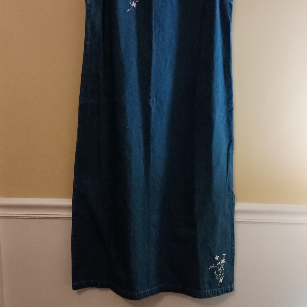 Vintage Dress Denim Midi Jumper Blue J. Women's Size Small Embroidered Flowers - Picture 4 of 10